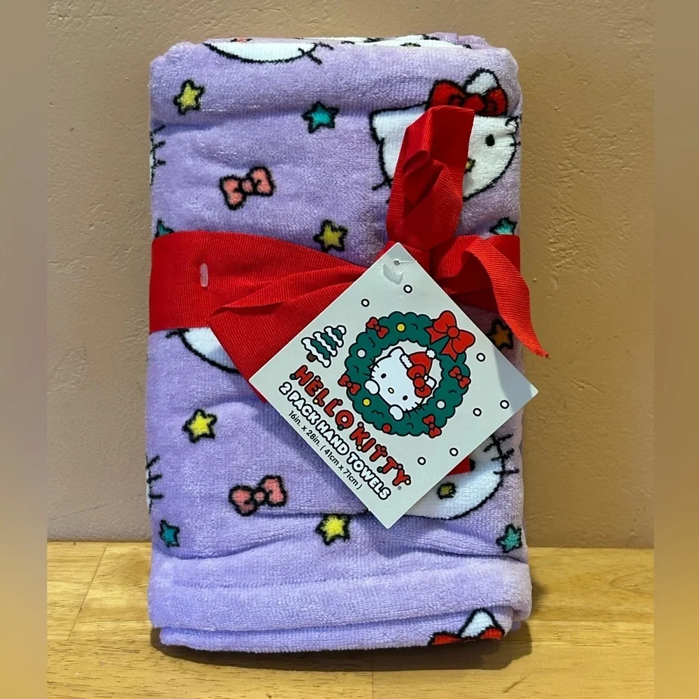 Hello Kitty 2 Pack Of Hand Towels Made By Sanrio. Purple + Bows & Stars. NWTS.
